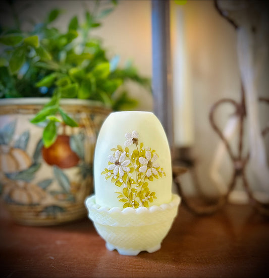 Vintage Hand Painted and signed Fenton Uranium Glass Satin Custard Fairy Lamp.
