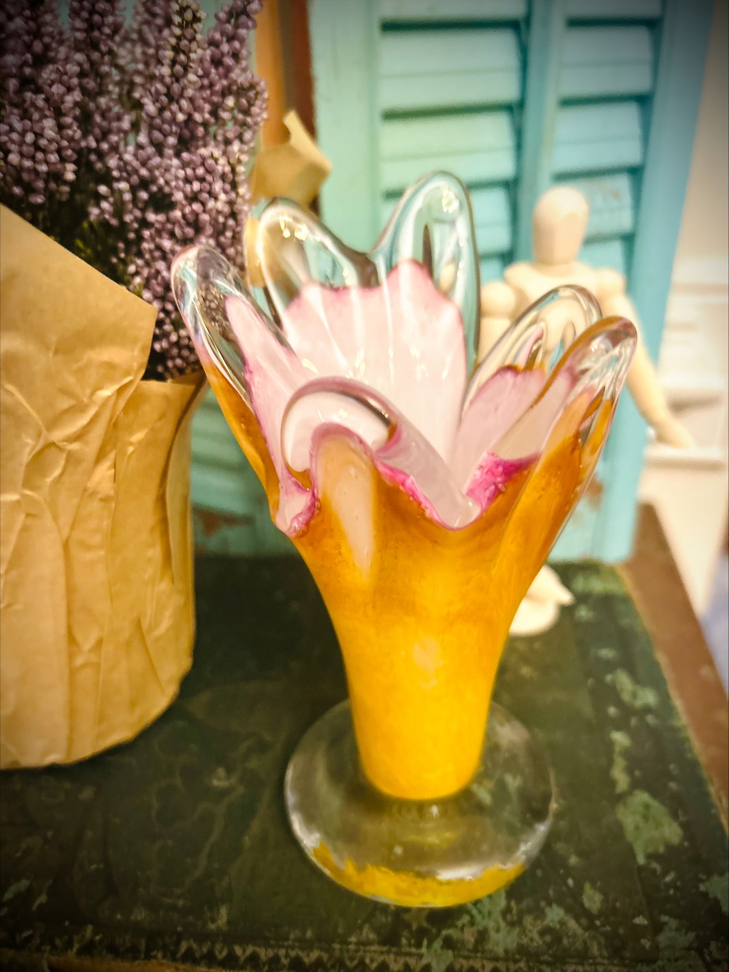 Small Vintage Hand-Blown Yellow and Pink Glass Vase.