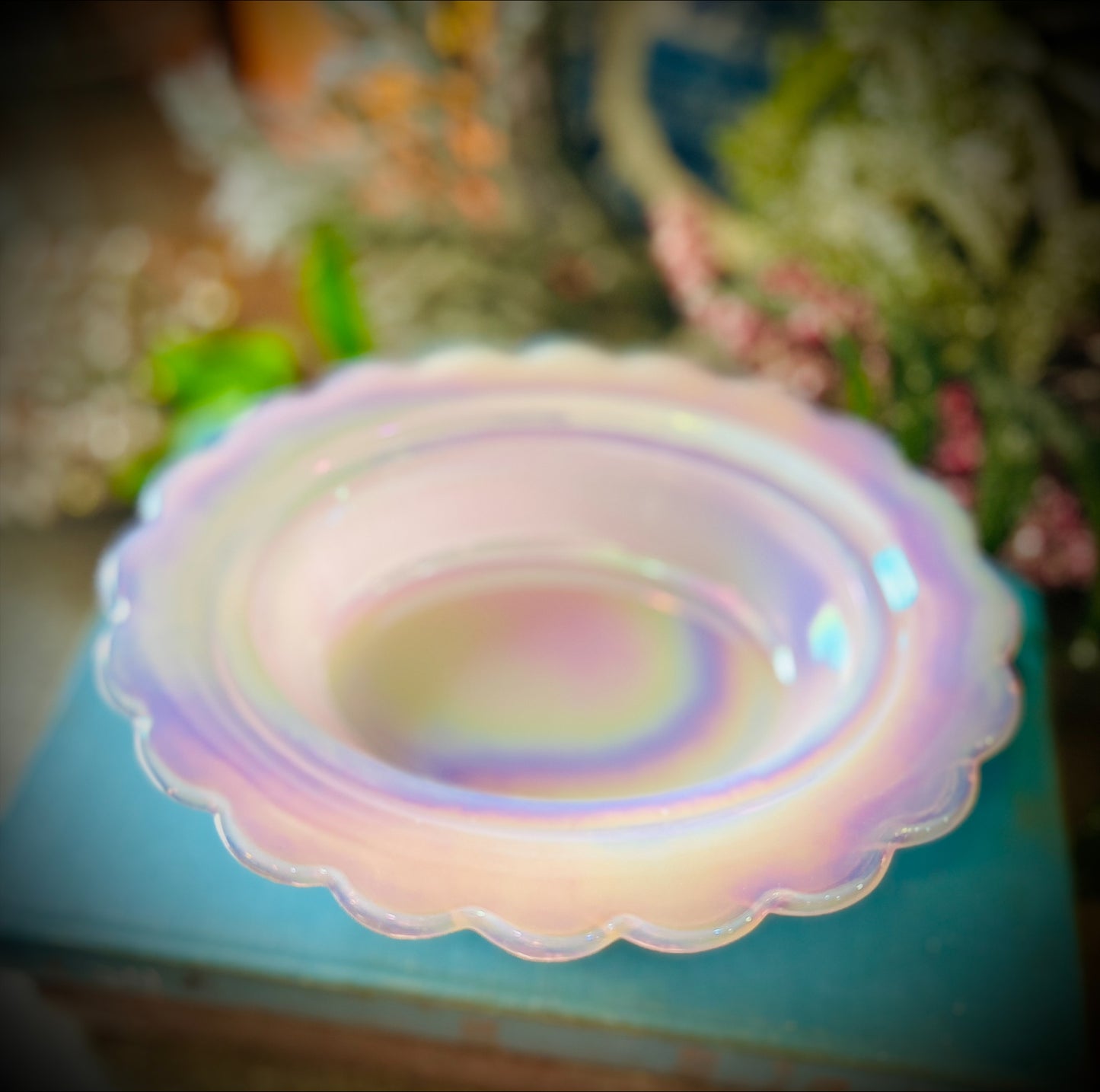 Pink Iridescent Carnival Tuscan Mosser Hen on Nest