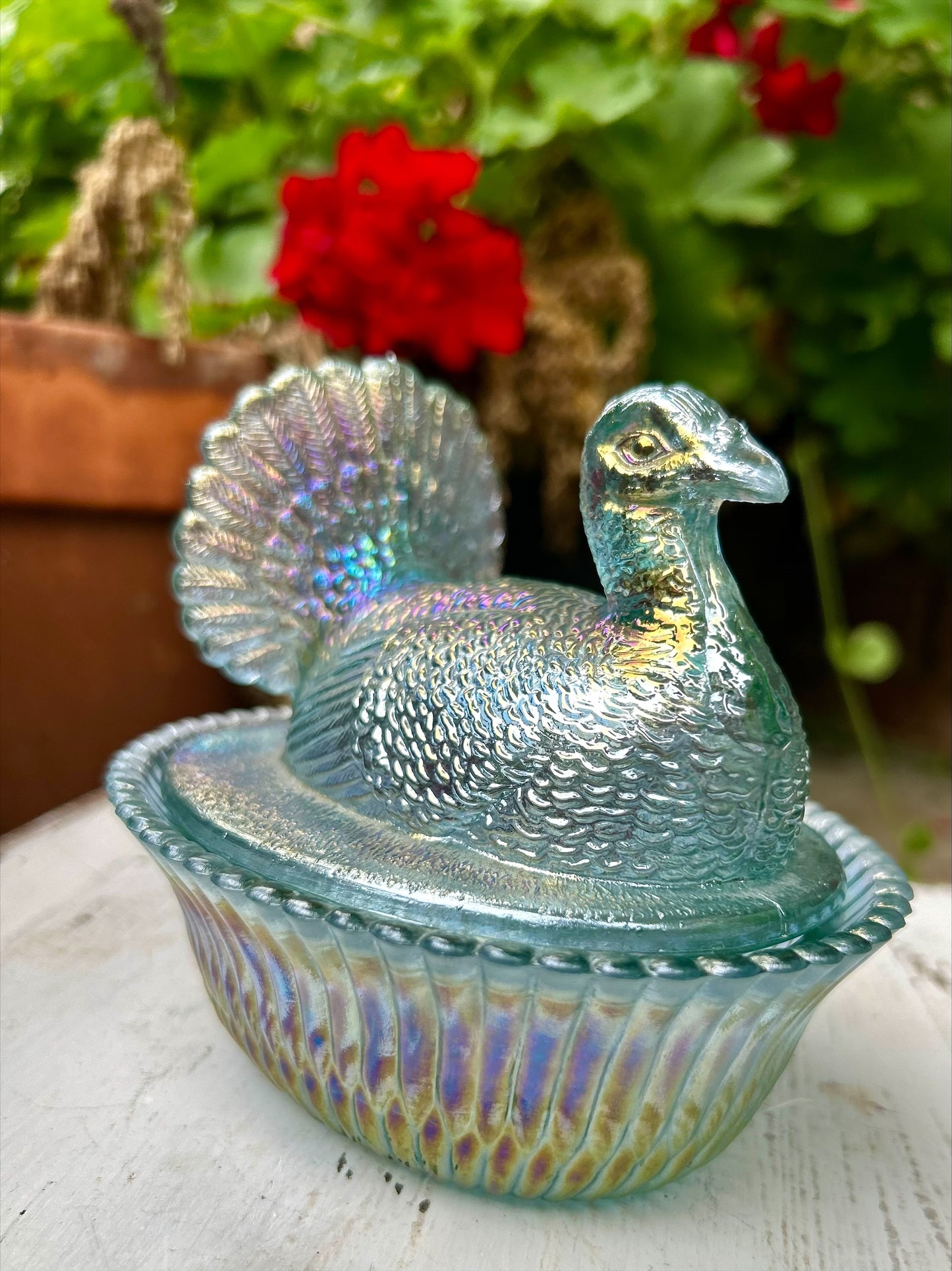 Stunning Vintage Boyd Glass Blue Carnival Iridescent Turkey on Nest.