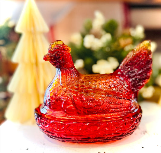 Stunning 6" Vintage L.E. Smith Amberina Flame Hen On Nest *glows under black light