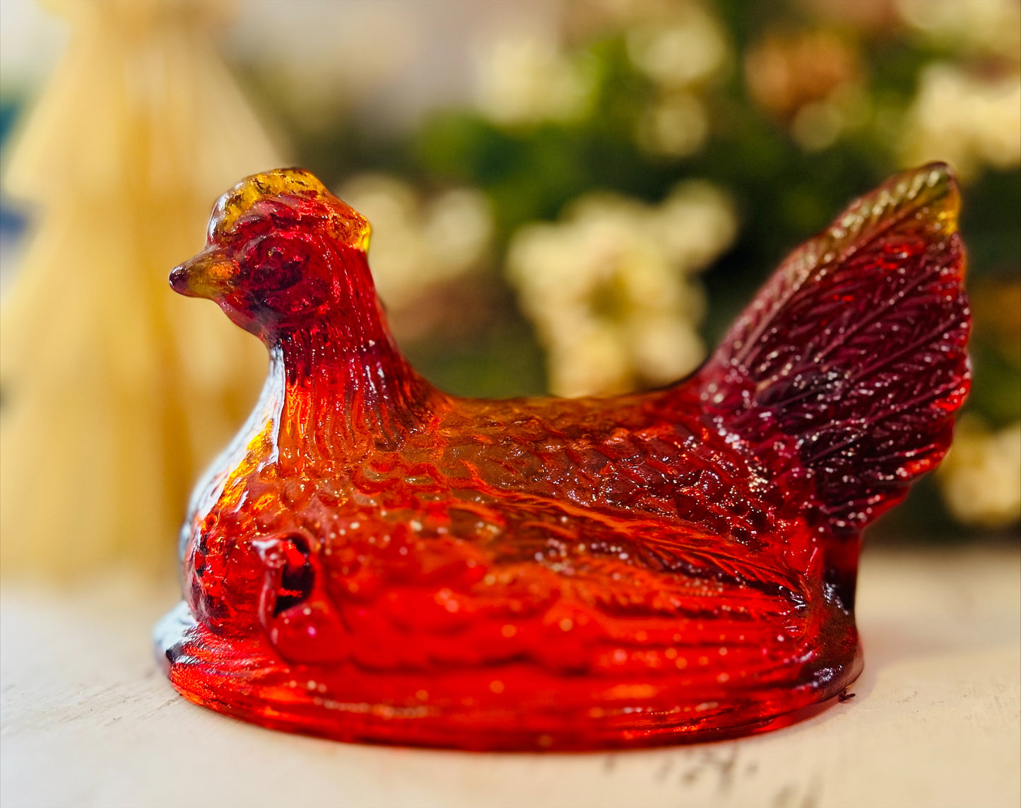 Stunning 6" Vintage L.E. Smith Amberina Flame Hen On Nest *glows under black light