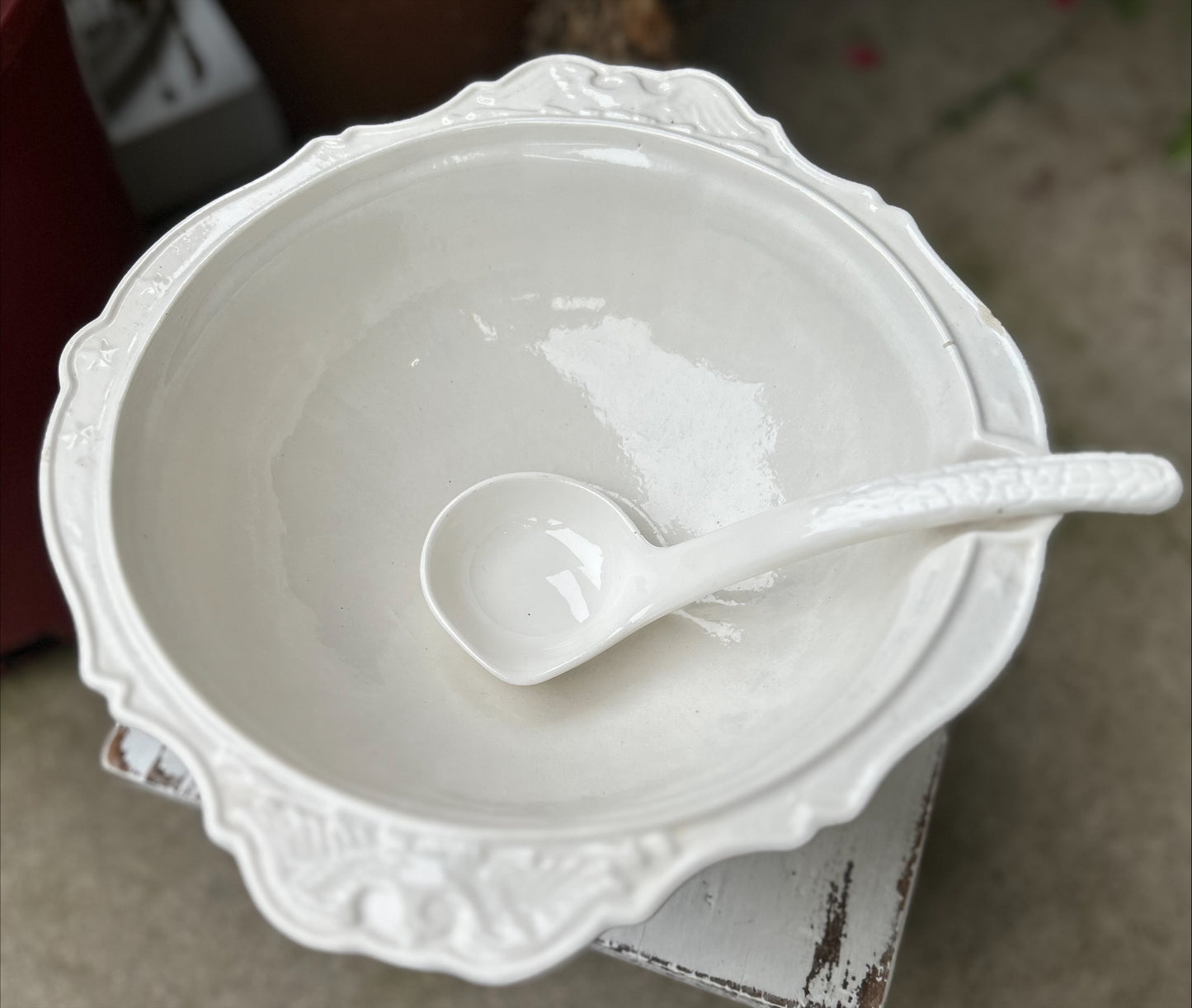 White Soup Tureen with Eagle Finial and Ladle