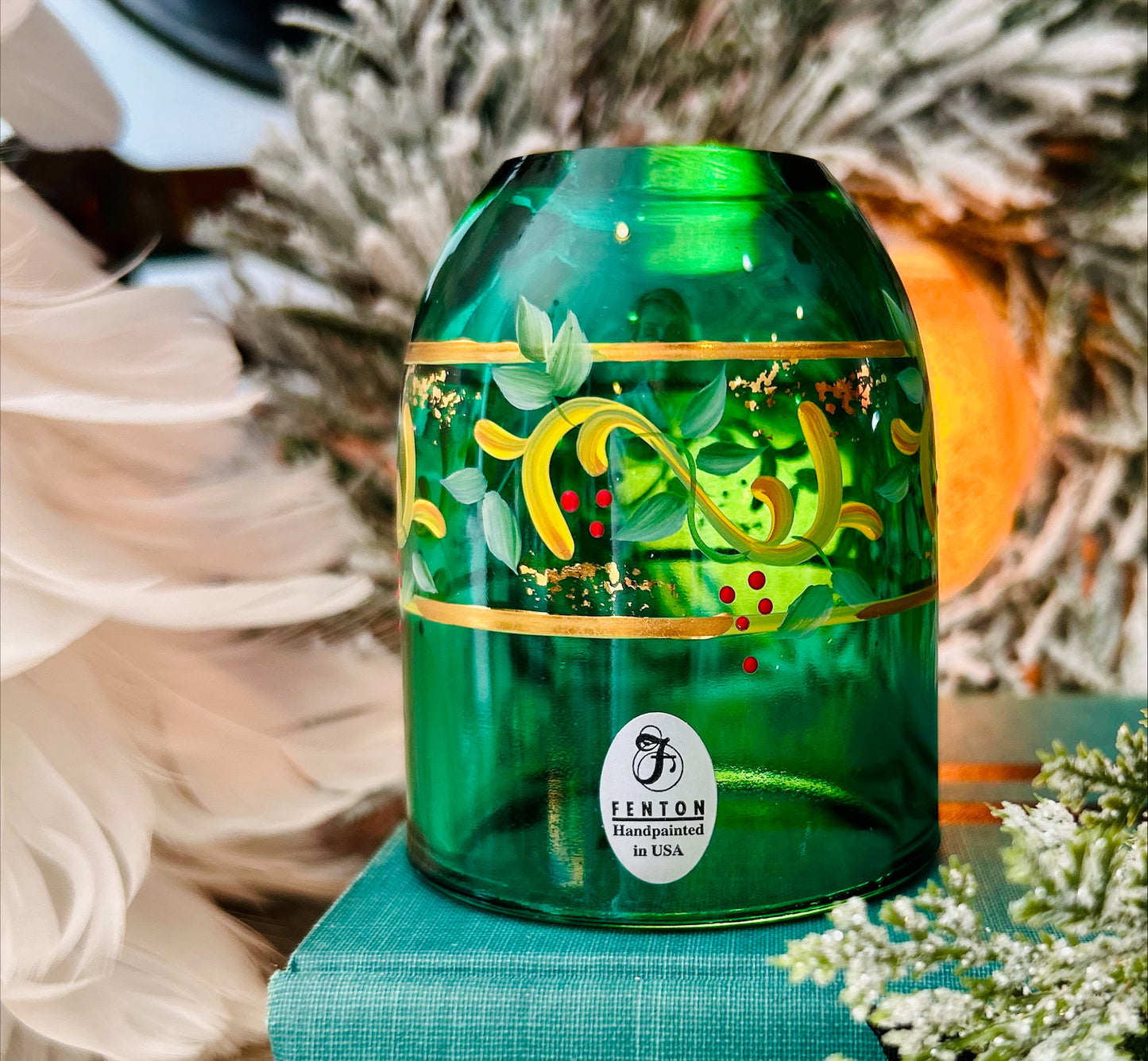 Vintage Fenton Emerald Green Hand Painted, Signed Fairy Lamp.