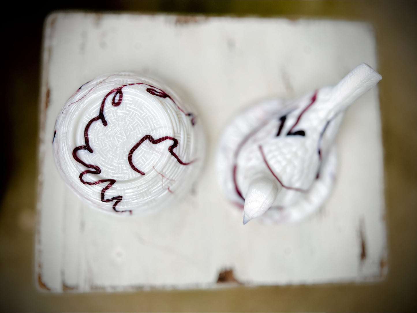 Collectible Vintage Milk Glass Slag Glass Bird on Nest- White with Purple Swirls.