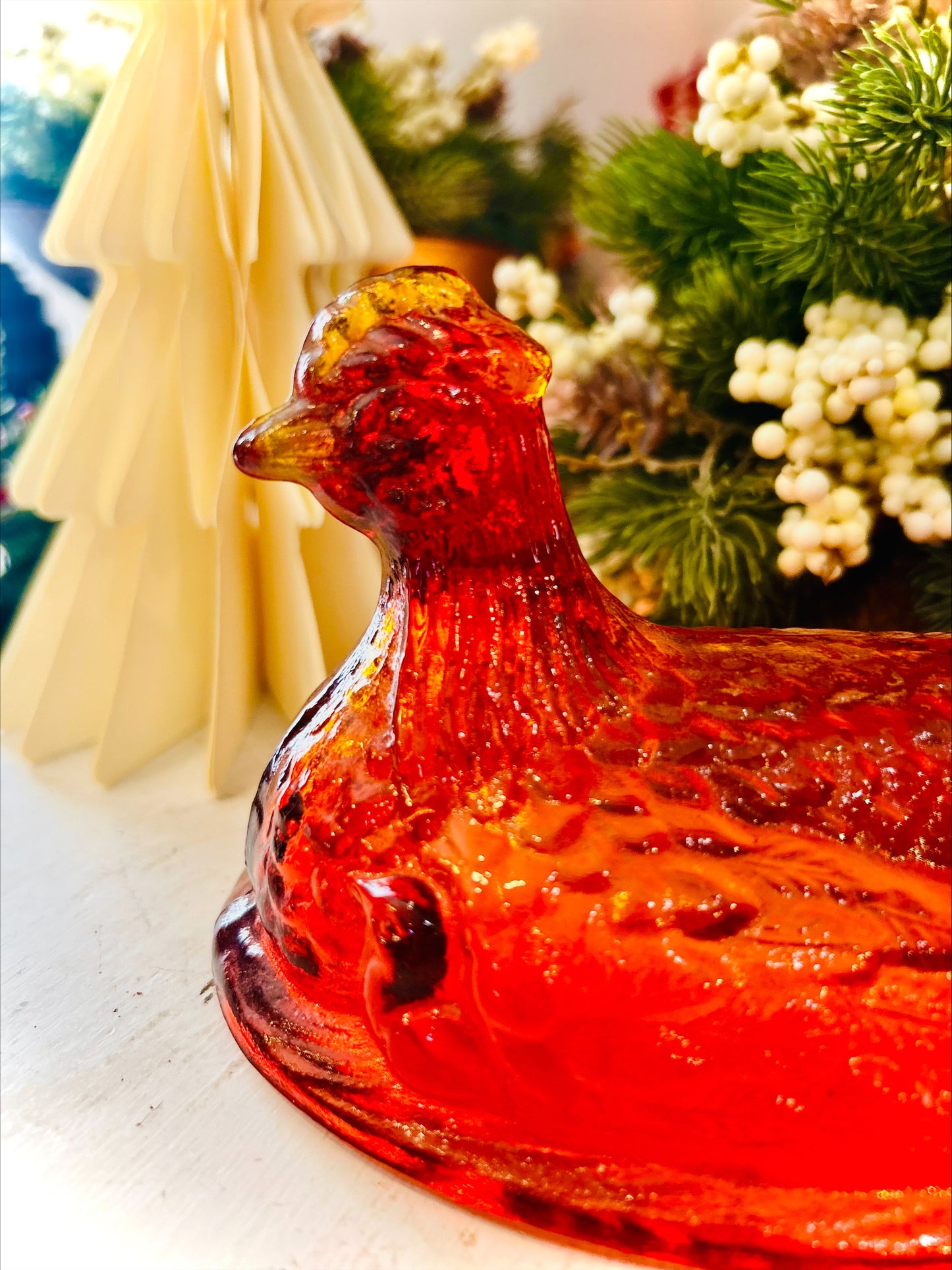 Stunning 6" Vintage L.E. Smith Amberina Flame Hen On Nest *glows under black light