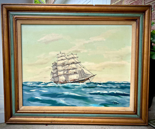 Vintage Oil on Canvas Ship Painting