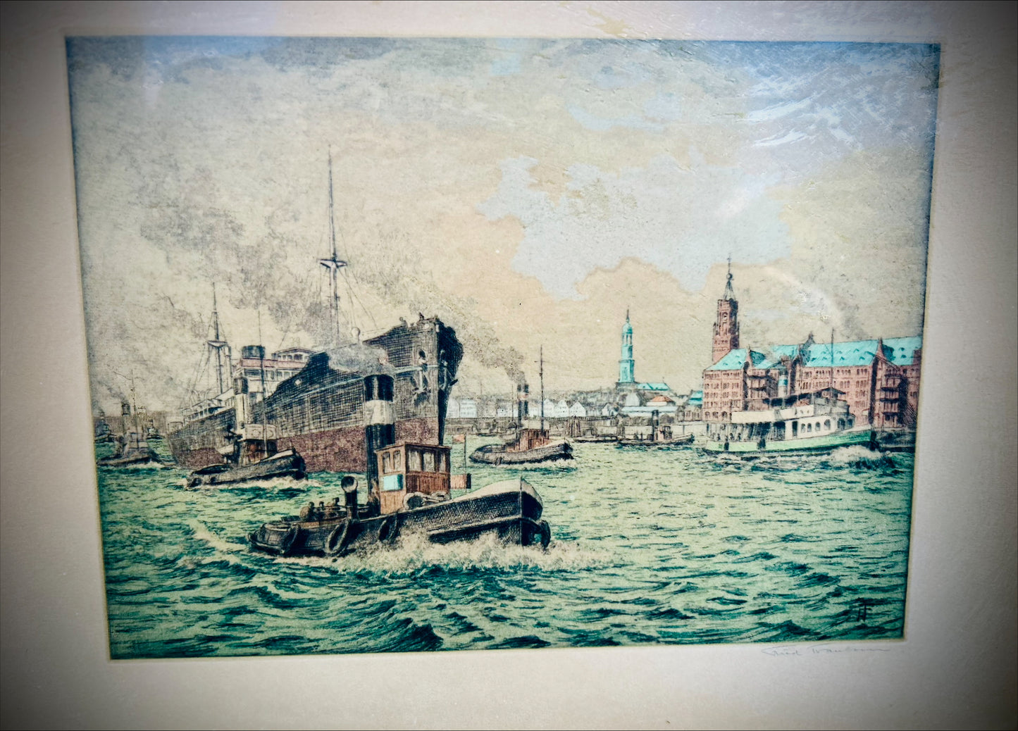 Framed Signed Lithograph- Hamburg Binnenalster by Friedrich Traulsen