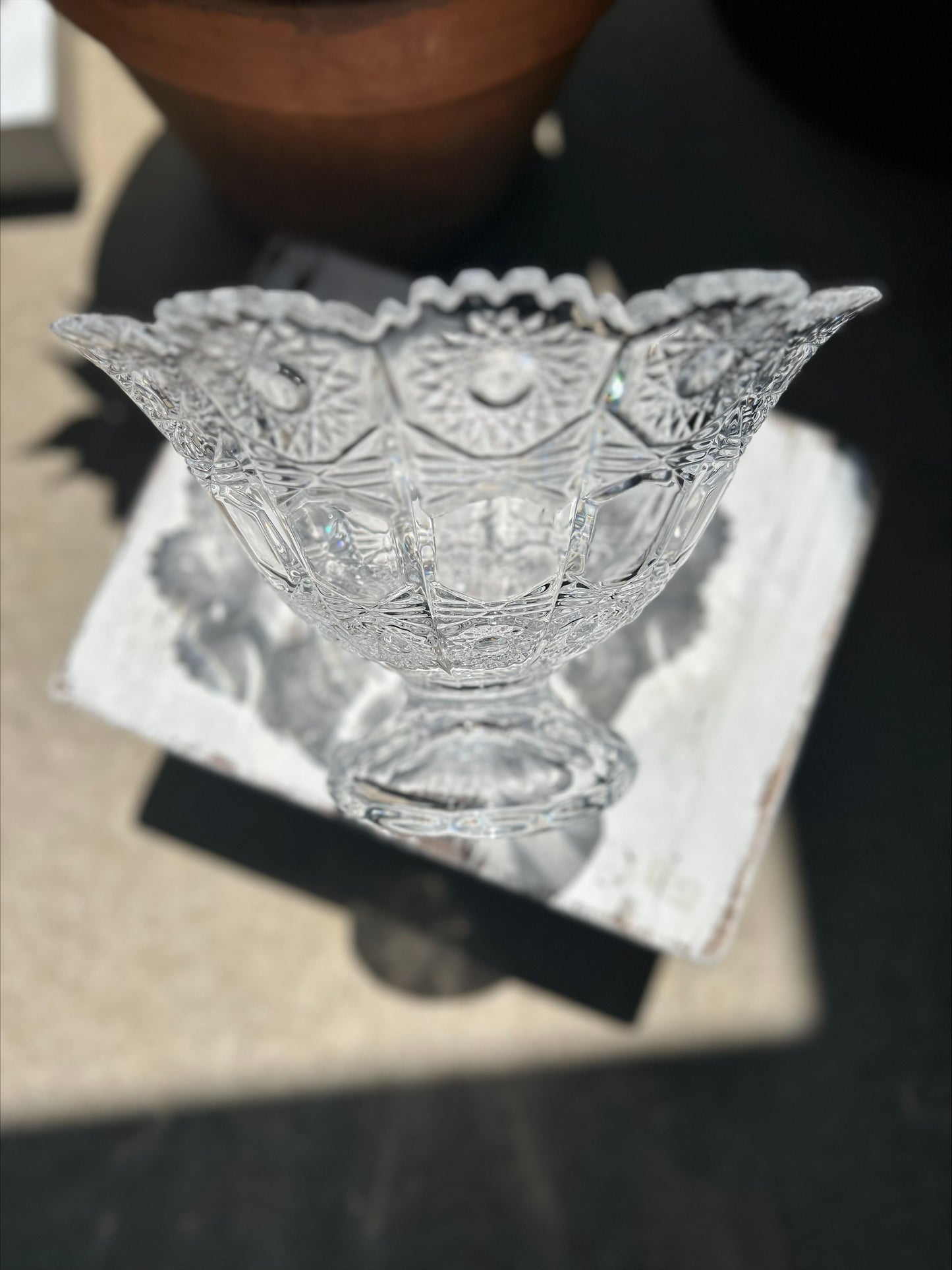 Vintage Bohemia Queen Ann Lace Lead Crystal Pedestal Fruit Bowl Brilliant Cut