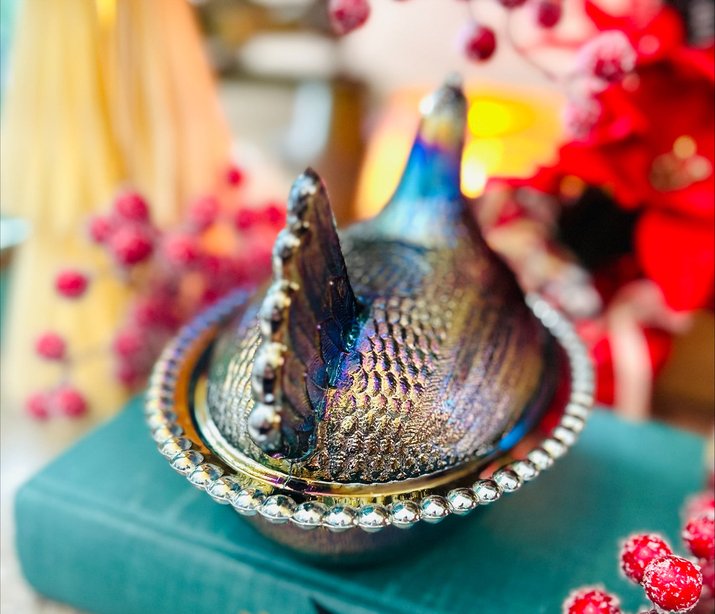 7" Indiana Dark Blue Carnival Glass Hen on Nest-Iridescent, Striated and Stunning