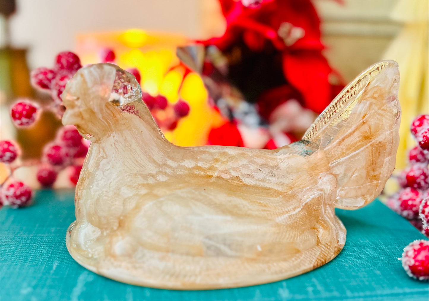 Peach Swirl Glass Hen on Nest 6"