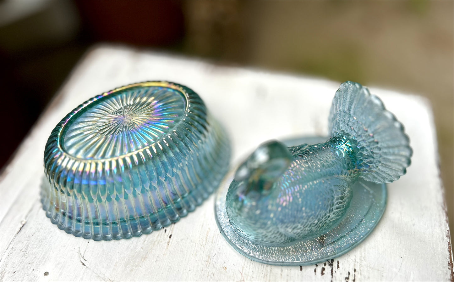 Stunning Vintage Boyd Glass Blue Carnival Iridescent Turkey on Nest.