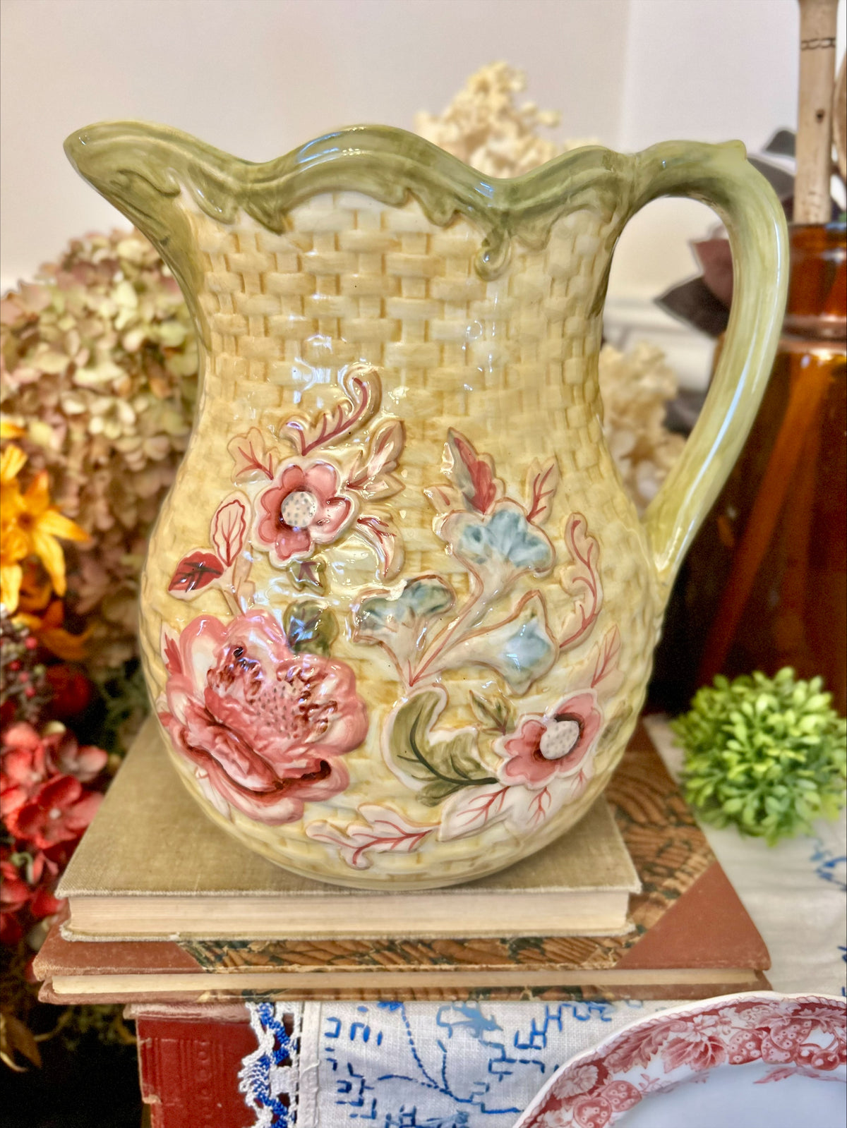 Longaberger Basketweave Floral Pitcher