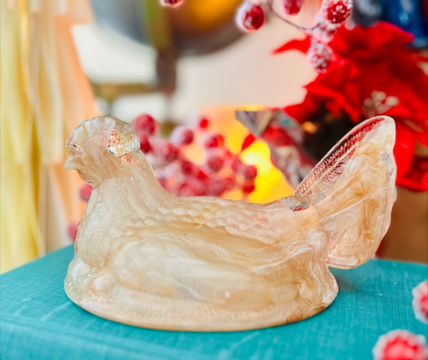 Peach Swirl Glass Hen on Nest 6"