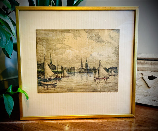 Vintage Signed Lithograph -"Hamburg Binnenalster" by Friedrich Traulsen