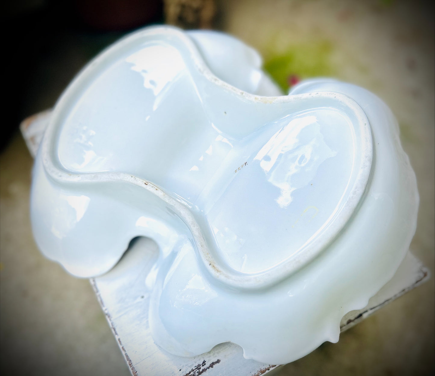 Vintage Divided Vegetable bowl with purple florals, gold rim.