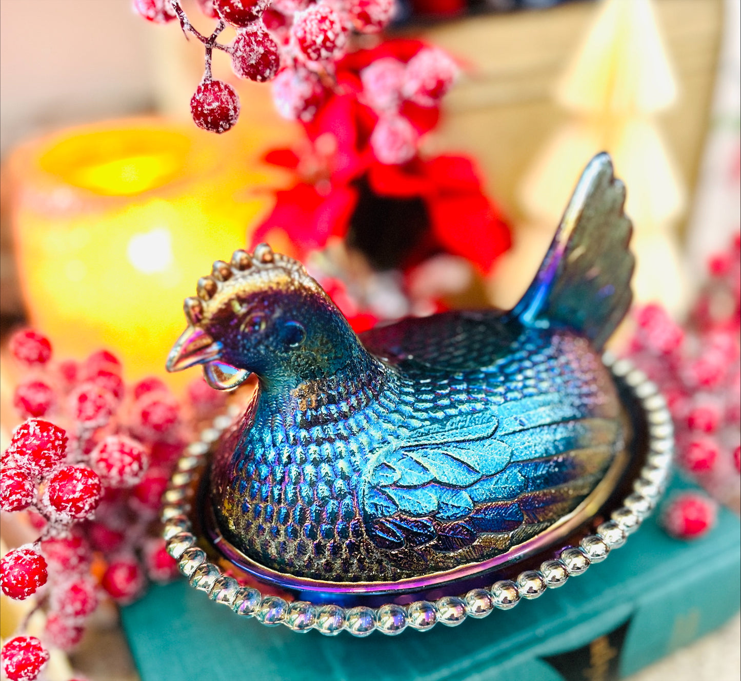 7" Indiana Dark Blue Carnival Glass Hen on Nest-Iridescent, Striated and Stunning