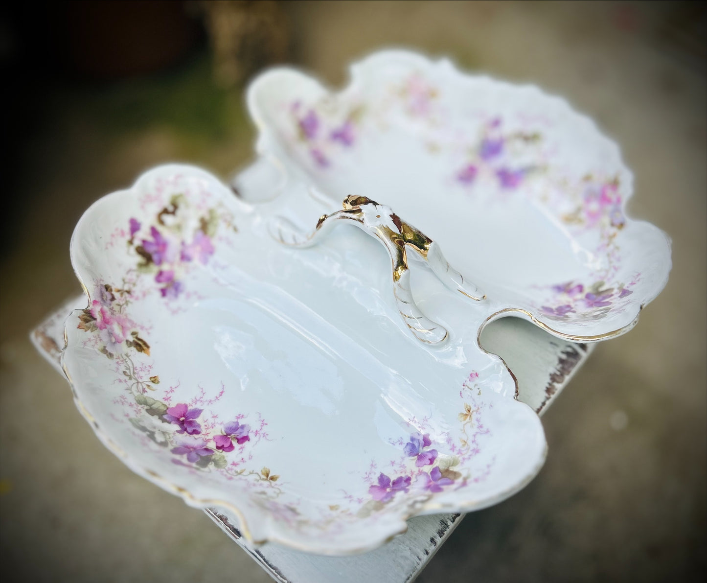 Vintage Divided Vegetable bowl with purple florals, gold rim.